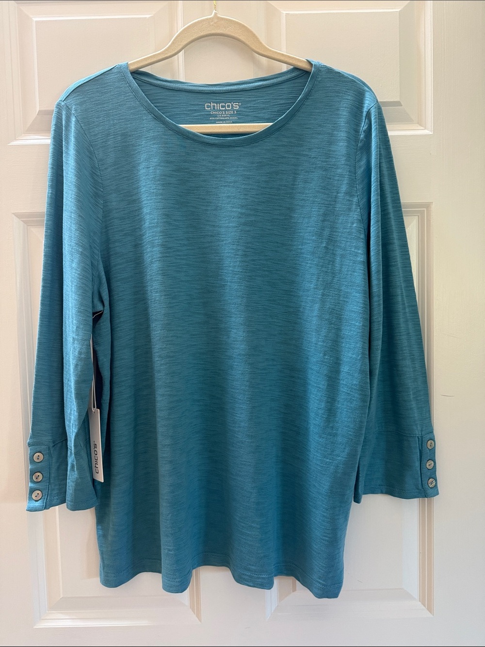 Chico's Teal 3/4 Length Sleeve Crewneck Top